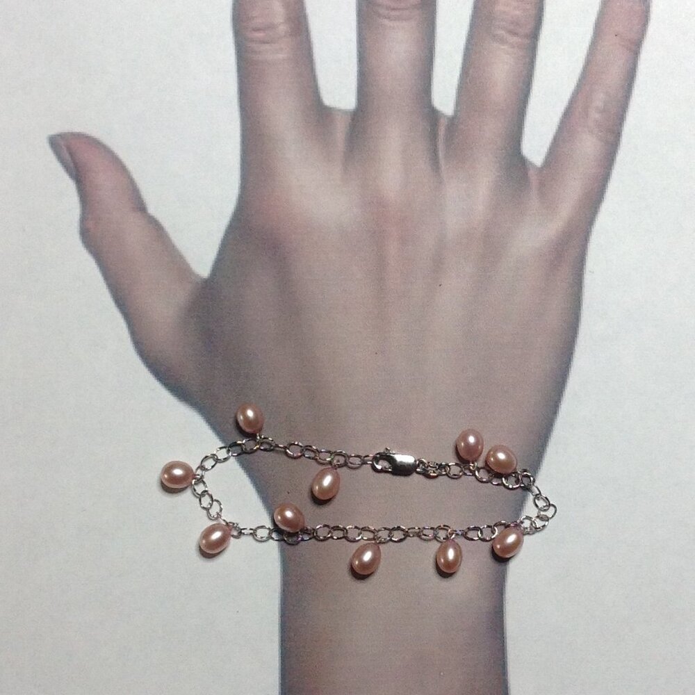Sterling Silver Freshwater Pink Drop Pearls Bracelet